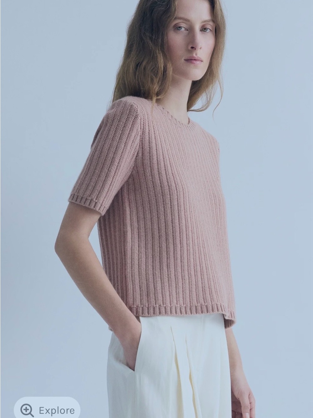 Short-Sleeve Ribbed Crew Sweater in Dusty Pink